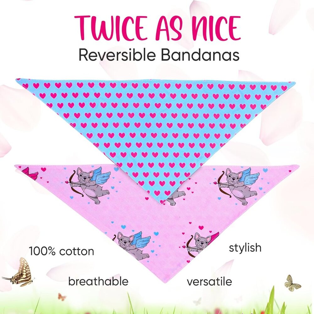 Reversible Dog Bandana Set  Blue Pink Hearts Sz M